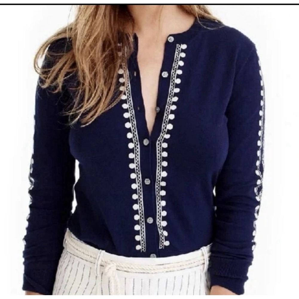 J. Crew Navy Blue Jackie Embroidered Eyelet Cardigan Sweater Lightweight Size S